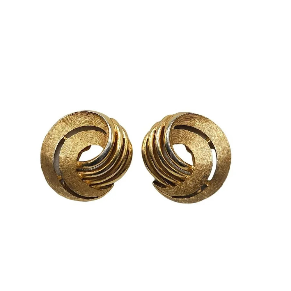 Trifari Brushed Textured Swirl Clip on Earrings Gold Tone Vintage